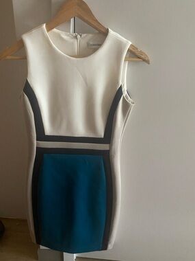 Calvin Klein White, Teal & Black Colorblock Sheath Mini Dress